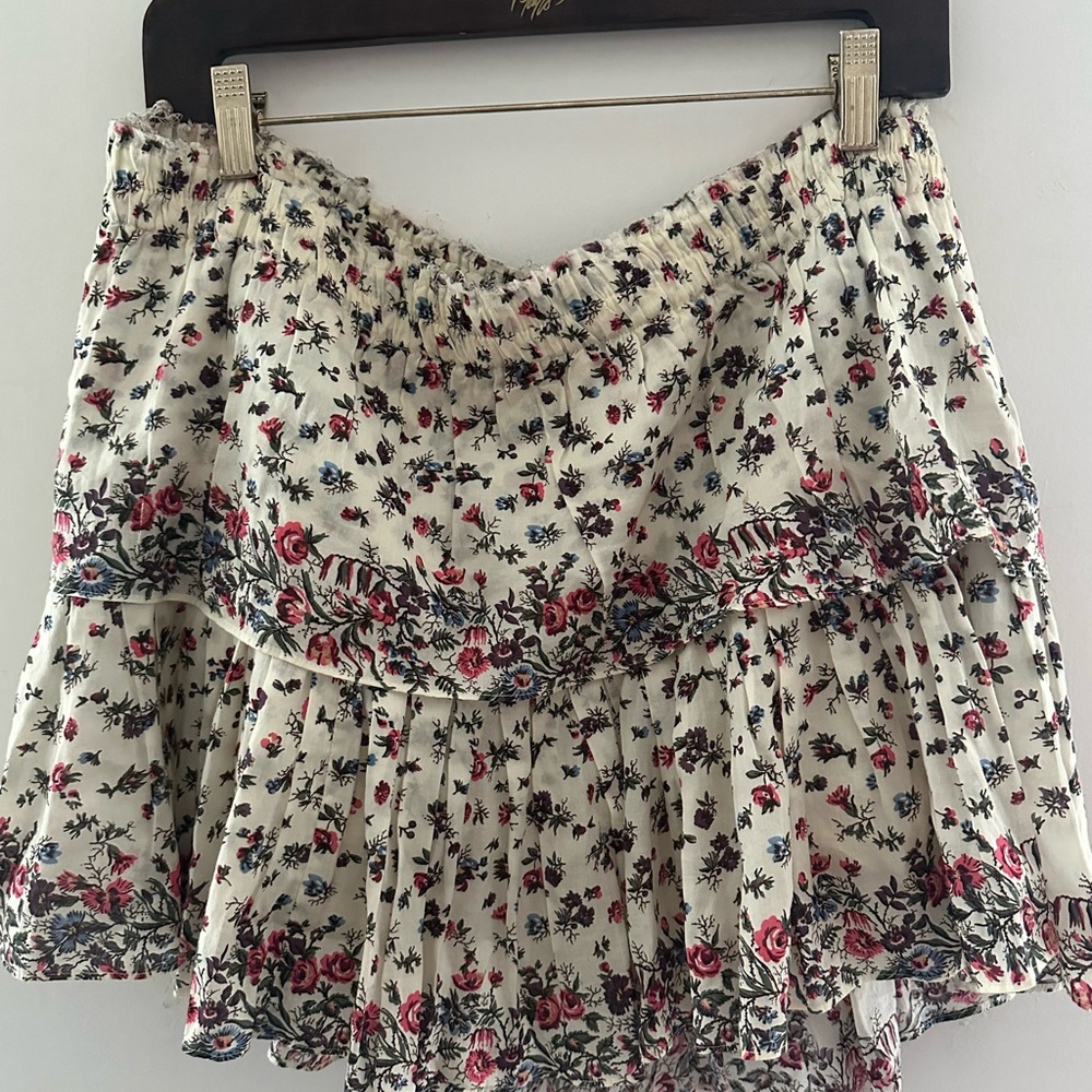 LoveShackFancy Mia Floral Tiered Mini Skirt In Secret Garden Print Frayed Large